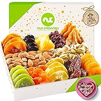 NUT CRAVINGS Gourmet Collection - Mothers Day Dried Fruit & Mixed Nuts Gift Basket in White Gold Box (12 Assortments) Arrangement Platter, Birthday Care Package - Healthy Kosher