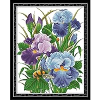 Stamped Cross Stitch Kits for Adults Full Range of Easy Patterns Embroidery Starter Kits for Beginners，Printed Cross-Stitch Kits for Home Decor DIY 14CT 2 Strands-Iris，16.5x20.5 inch