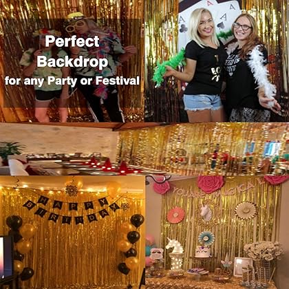 GOER 3.2 ft x 9.8 ft Metallic Tinsel Foil Fringe Curtains Party Photo Backdrop Party Streamers for Birthday,Graduation,New Year Eve Decorations Wedding Decor (1 Pack, Gold)