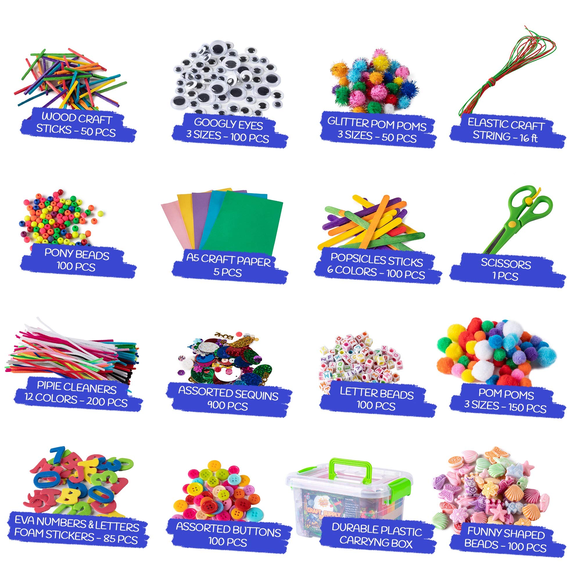 Jumbo Arts & Crafts Kit Box - 2,000+ Pieces Pompoms, Craft Sticks, Pipe Cleaners, Scissors, & More in Large Craft Box - Art Supplies Set for Adults & Kids Age 6,7,8,9,10,11,12 - Large Organizer Box