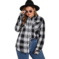 LALAGEN Womens Plus Size Plaid Flannel Shirt Casual Loose Long Sleeve Button Down Shirts Blouse Tops L-5X Black 3XL
