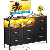 TV Stand with LED Lights and Power Outlet, Long TV Stands for Living Room with 7 Large Storage Drawers and Shelves, Fabric TV Stand with Sturdy Frame and Wooden Top, Vintage