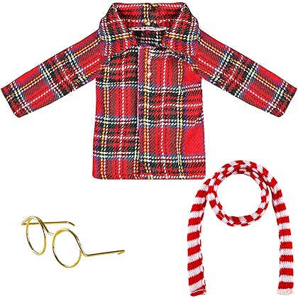 3 PCS Christmas Couture Clothing Set Elf Doll Accessories Clothes Set Including Long Sleeved Shirt, Elf Glasses, Red and White Striped Scarf