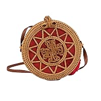 Handwoven Round rattan bag for Women Shoulder bags with tassels and leather strap (Natural color Red Tassel)