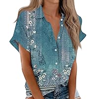 Women Short Sleeve Tops 2024 Summer Fashion T Shirt Casual V Neck Pullover Button Printed Plus Size Blouse Tees