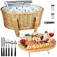 Hap Tim Wicker Picnic Basket Set for 2 with Mini Folding Wine Picnic Table & Large Insulated Cooler Bag & Cutlery Service Kits for 2 Person, Couples Gifts, Wedding Gifts (Y2209-2-CM)
