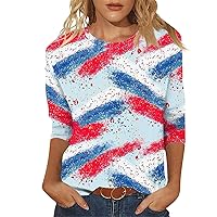 Workout Top, 4Th of July Crop Tops for Women Tee Shirts Womens Women's Three Quarter Sleeve Tops Casual O-Neck Fashion Blouse Independence Day Print Summer Tunic Trendy Tee 2024 (Hot Pink,Small)