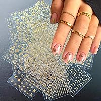 30Pcs/Set Gold Star Nail Art Stickers - Metallic Mixed Designs 3D Self Adhesive Metal Curve Stripe Line Nail Decals Heart Leaf Snow Lines Stars Moon Strip Wave Designer French Tips Manicure Decoration
