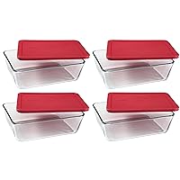 PYREX Containers Simply Store 6-cup Rectangular Glass Food Storage Red Plastic Covers ... (Pack of 4 Containers) Made in the USA