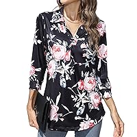 Women's Work Blouses Collared V Neck 3/4 Sleeve Shirts Dressy Casual Tunic Loose Tops
