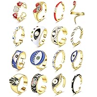 Sanfenly 16Pcs Evil Eye Ring Colorful Enamel Rings Set for Women Silver Gold Plated Chunky Aesthetic Trendy Cubic Zirconia Adjustable Open Ring Lucky Protection Jewelry