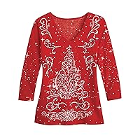 Collections Etc Festive Embellished Sparkling Holiday Tree Design Red Top with Scoop Neck