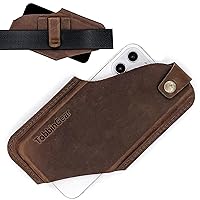 TobbinGear Leather Cell Phone Holster with Belt Clip, Leather Belt Phone Pouch, Universal Leather Phone Case on Belt, Phone Holder for iPhone, Cell Phone Sheath Large Dark Brown