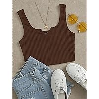 Notch Neck Lettuce Edge Rib-Knit Tank Top (Color : Coffee Brown, Size : Large)