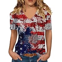 American Flag Tshirt Women Stars Stripes Fourth July Tee Shirts Casual V Neck Short Sleeve Tops Summer Tunic Blouse