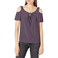 Star Vixen Women's Petite Cold Shoulder Tie Neck Keyhole Peasant Top