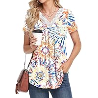 ALIGADUO Summer Womens Loose Fit T-Shirts Lace Trim Collar V-Neck Tunic Tops Casual Pleated Blouse Comfy Tee for Leggings