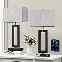 Set of 2 Industrial Table Lamps with 2 USB Ports&AC Outlet, 22.5” Modern Black Bedroom Nightstand Lamps, Gray Bedside End Table Lamps for Living Room Office Hotel, Fabric Lampshade&Pull Chain