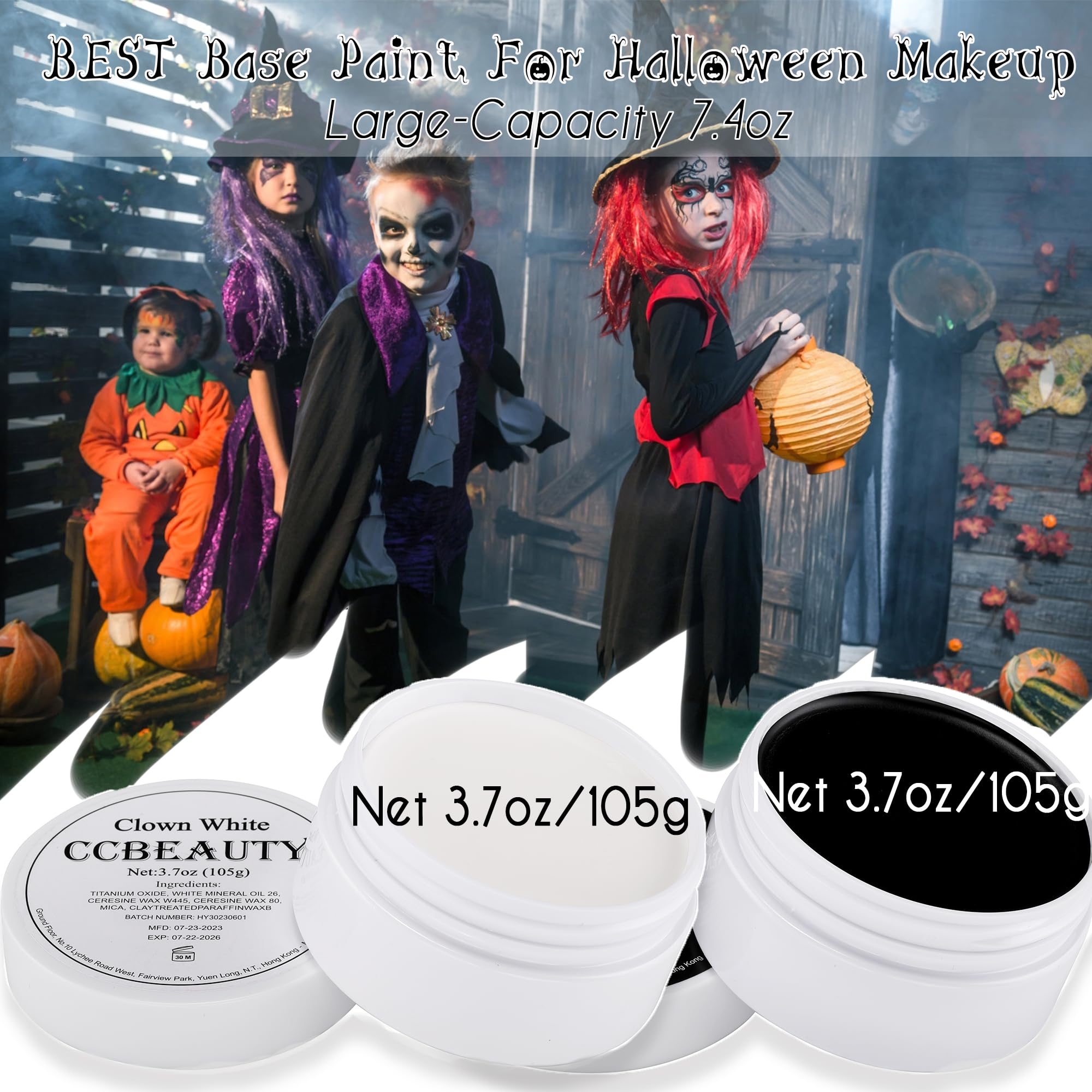 CCbeauty 7.4oz Halloween Clown Makeup, Large Black White Face Body Paint Set with 10 Sponges Non Toxic Dress Up Face Painting Kit for Adult Mime Skeleton Skull Costume Cosplay Makeup