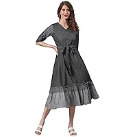Janasya Black Striped Cotton Western Tie-Up Dress for Women