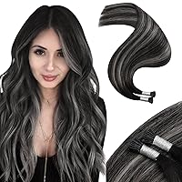 Moresoo I Tip Hair Extensions Black And Silver Balayage I Tip Human Hair Extensions Ombre Black Pre Bonded Hair Extensions Huamn Hair Balayage Black to Gery Hair Extensions Itip 40G/50S 16In