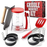 Modern Innovations Griddle Breakfast Kit Accessories - Pancake Batter Dispenser for Griddle, Cast Iron Grill Press for Bacon, 4 Egg Rings/Pancake Molds and Spatula, Compatible With Blackstone Griddles
