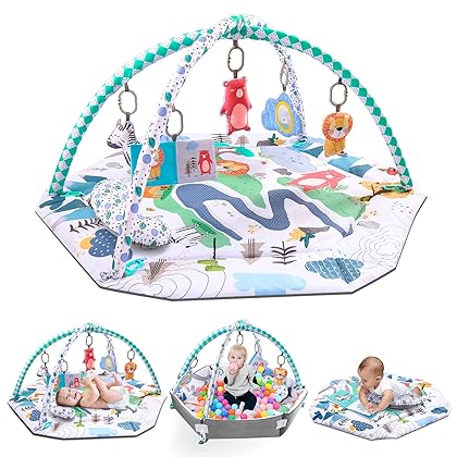 Bellababy Tummy Time Mat, 4-in-1 Baby Gym Activity Play Mat & Ball Pit, with High Contrast Toys & Self-Discovery Mirror & Tummy Time Pillow for Sensory and Motor Skill Development (Blue)