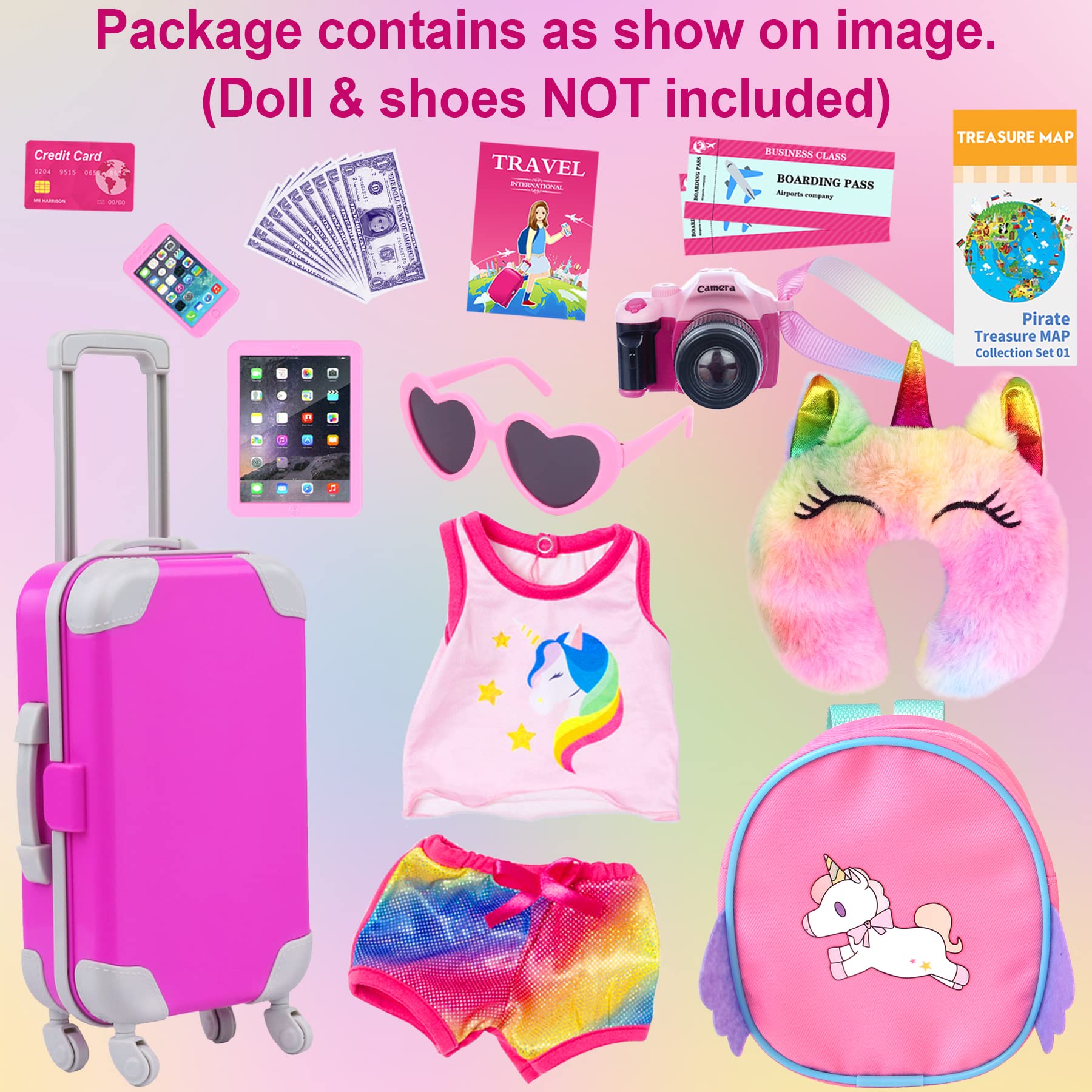 UNICORN ELEMENT 23 Pcs 18 Inch Girl Doll Accessories Suitcase Travel Set Including Clothes Suitcase Backpack Camera Ipad Cell Phone Neck Pillow Sunglasses and Other Travel Set