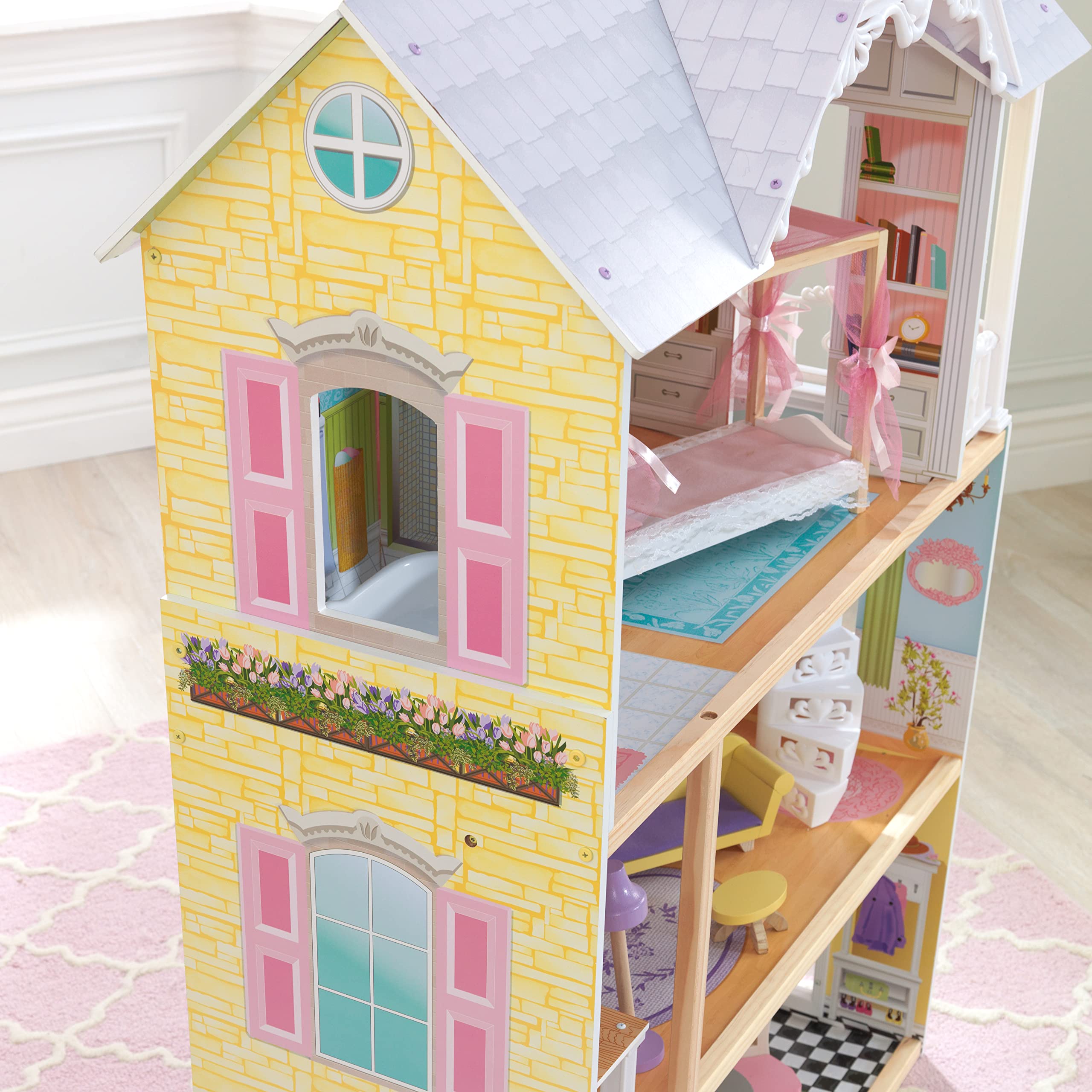 KidKraft Kaylee Wooden Dollhouse, Almost 4 Feet Tall with Elevator, Stairs and 10 Accessories, Gift for Ages 3+