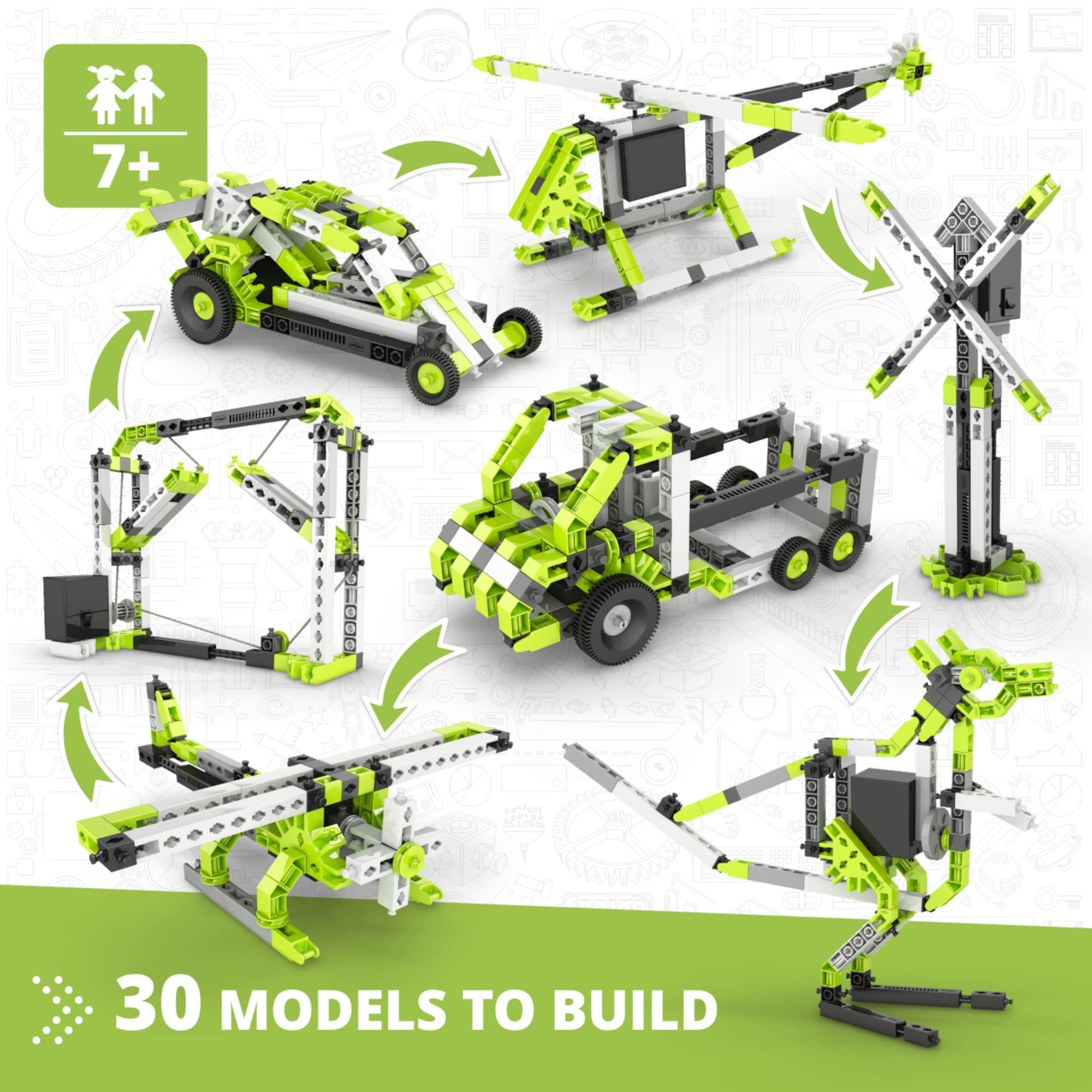 Engino Inventor - 30-IN-ONE |BUILD 30 Motorized Models | Assemble Drag Racer, Drawbridge, Truck , T-Rex, Helicopter, Elevator and so much more | STEM Construction Kit