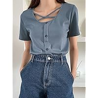 Women's T-Shirt Criss Cross Fake Button Rib Knit Tee T-Shirt for Women (Color : Dusty Blue, Size : X-Large)