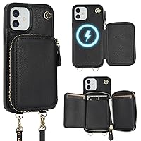 Bocasal for MagSafe Crossbody Wallet Case Compatible with iPhone 12/12 Pro, RFID Blocking Protective Purse Case with Card Slots Holder Kickstand Wrist Strap Lanyard Zipper 6.1 Inch 5G (Black)