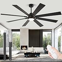 YCGU 72 Inch Large Ceiling Fan with Light, Industrial Black Ceiling Fan with Dimmable 5 CCT, 8 Blades and Reversible DC Motor, Indoor Outdoor Ceiling Fan for Bedroom, Patio, Porch