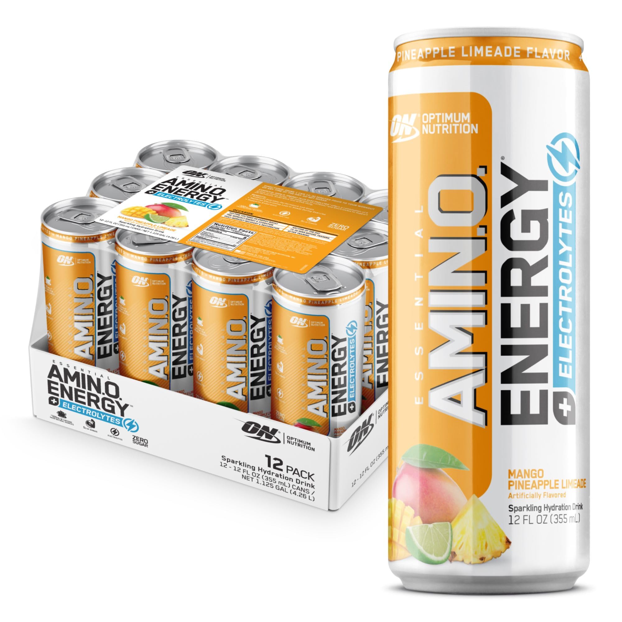 Optimum Nutrition Amino Energy Drink Plus Electrolytes for Hydration, Sugar Free, Caffeine for Pre-Workout Energy and Amino Acids/BCAAs for Post-Workout Recovery - Mango Pineapple Limeade (12 Pack)