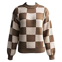Women Geometric Pattern Long Sleeve Pullovers Loose Oversized O-Neck Knitted Sweaters Fashion Casual Plaid Jumper Top