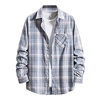 Men's Plaid Flannel Shirt Button Down Long Sleeve Regular-Fit Shacket Jacket Lapel Checked Oxford Gingham Shirts