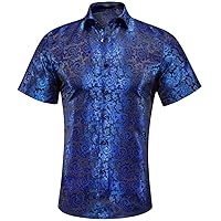 Hi-Tie Black Royal Blue Mens Dress Shirt Hawaiian Short Sleeve Regular Fit Turn Down Collar Shirt Casual(2X-Large)