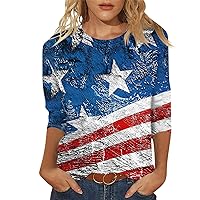 Womens 3/4 Sleeve Tops 4Th of July Outfits Flag Printed Graphic Tees Trendy Scoop Neck Blouses Oversized Tshirts Shirts