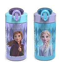 Zak Designs Disney Frozen 2 Kids Water Bottle Set with Reusable Straws and Built in Carrying Loops, Made of Plastic, Leak-Proof Designs 16 oz, BPA-Free, 2pc Set, Elsa & Anna (Frozen 2)