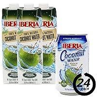 Iberia 100% Pure Organic Coconut Water, 1 Liter, 33.8 Fl Oz (Pack of 3) + Iberia Coconut Water With Pulp, 10.5 Fl Oz (Pack of 24)