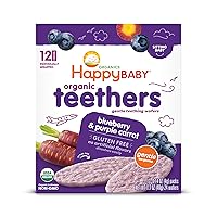 Happy Baby Gentle Teethers Organic Teething Wafers Blueberry Purple Carrot, 0.14 Ounce Packets (Box of 12) Soothing Rice Cookies for Teething Babies Dissolves Easily, Gluten Free No Artificial Flavor