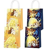 THREEMAO 16 Pcs Princess Belle Party Paper Gift Bags, 2 Styles Party Favor Bags with Handles for Beauty and the Beast Party Decorations, Goody Bags Candy Gift Bags for Boys Girls Kids Party Favors