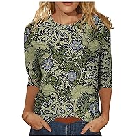 3/4 Sleeve Tops for Women Summer, Women's Fashion Casual Vintage Printed Seven Sleeve Round Neck Top