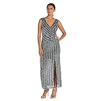 R&M Richards Women's Long Sequined Dress W/Multi Stripe Bare Shoulder Surplice