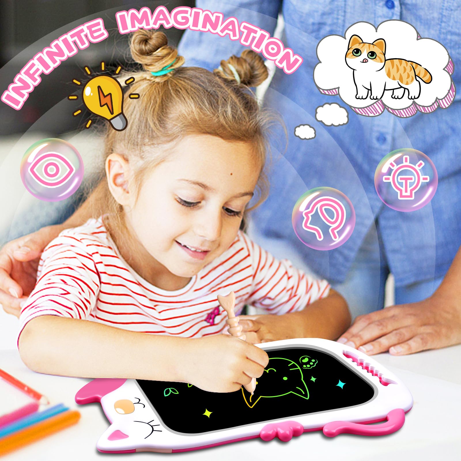 GJZZ Drawing Doodle Board Toys for 3 4 5 6 7 Year Old Girls Boys Gifts, LCD Writing Tablet and Scribble Board Learning Toy for Kids, Birthday Gift for Toddler - Pink White