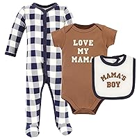 Hudson Baby Unisex Baby Cotton Sleep and Play, Bodysuit and Bandana Bib Set, Brown Navy Mamas Boy, Newborn