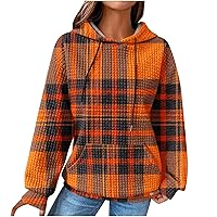 Women's Fashion Long Sleeve Striped Color Block Waffle Knit Hoodie Oversized Crew Neck Loose Pullover Jumper Tops