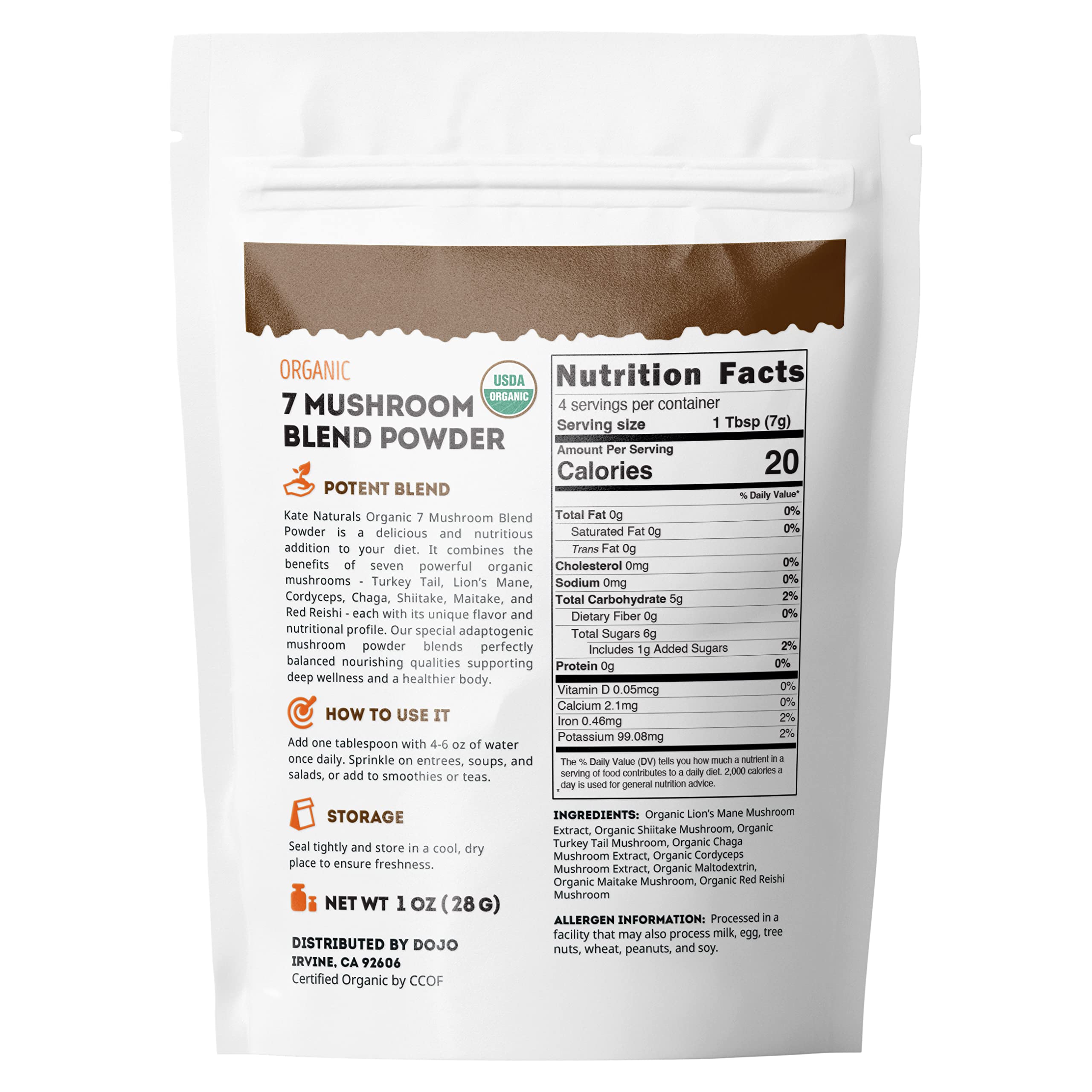 Kate Naturals Organic 7 Mushroom Blend Powder (1oz) - 100% Organic, Rich in Vitamins and Minerals, Antioxidants, Mushroom Superfood, Natural Immune Support, and Energy Booster. Resealable Bag.