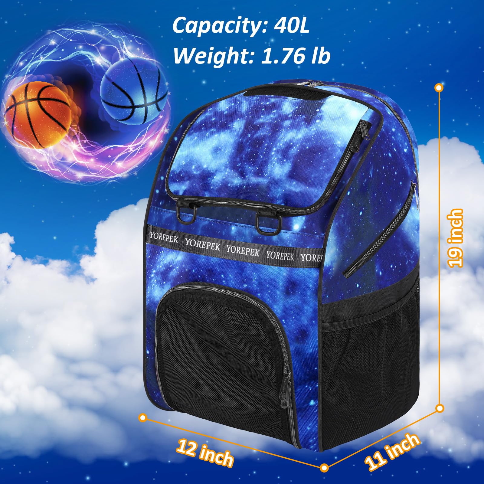 YOREPEK Travel Backpack & Basketball Bag, Extra Large 50L Laptop Backpacks for Men Women, Large Basketball Backpack with Shoe Compartment and Ball Holder, Water Resistant Backpack, Black & Star Blue