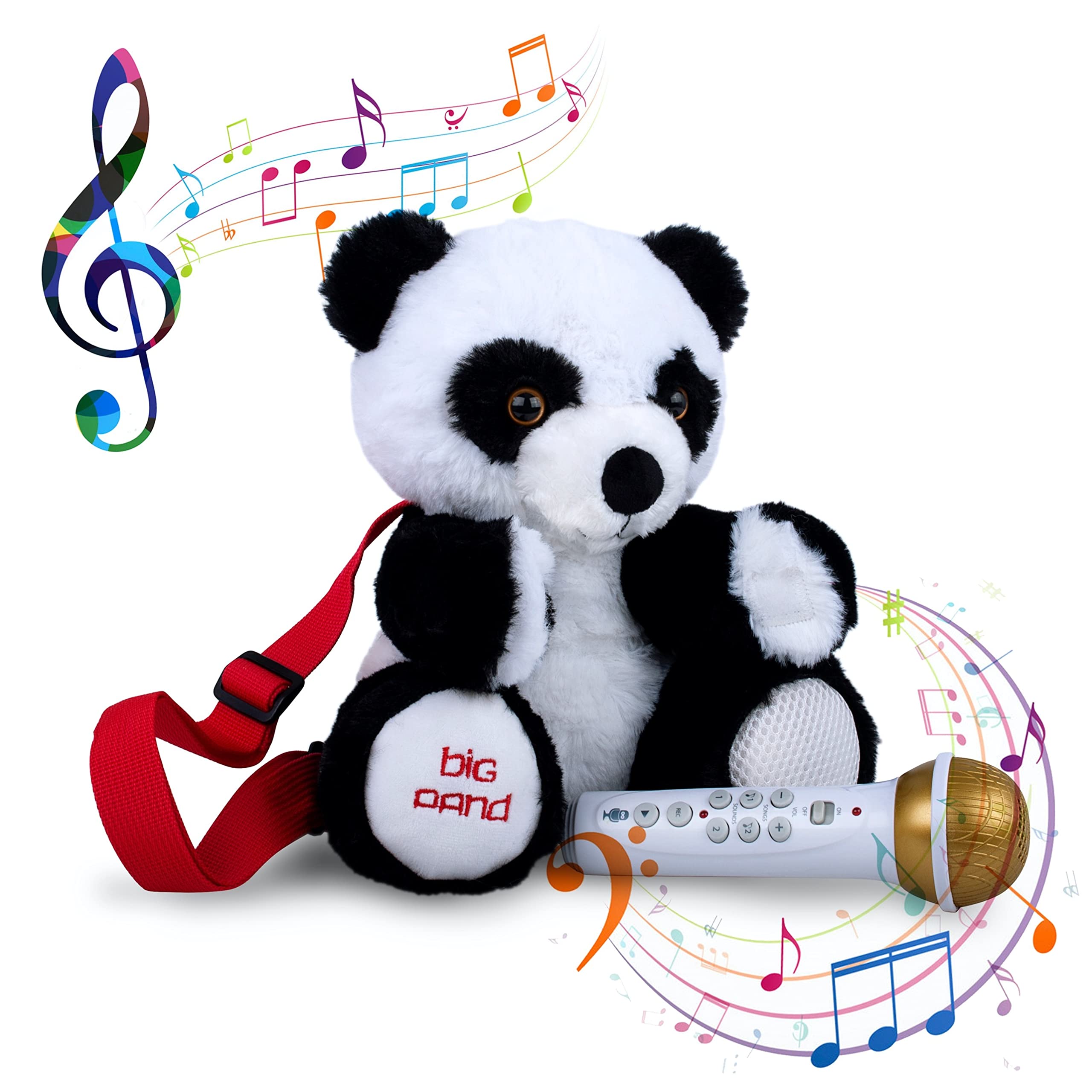 Singing Machine Portable Karaoke Machine for Kids, Plush Toy Backpack with Microphone - The Sing Along Crew, Big Pand (Black & White) - Built-In Karaoke Speaker with Songs, Sound Effects, & Recorder